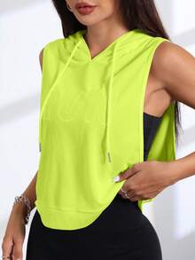 SHEIN Sovereign Charm Women's Fluorescent Green Letter Embroidered Drawstring Sweatshirt Sweatshirt - Yellow - View 6