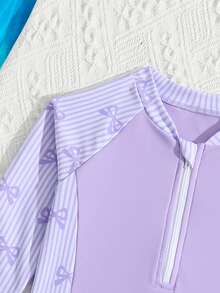 SHEIN Young Girls 2-Piece Tankinis Swimwear,Purple Bow Floral Print Long Sleeve Rash Guard Top With Ruffled Shorts,Cute Summer Beach Holiday Bathing Suits - Purple - View 5