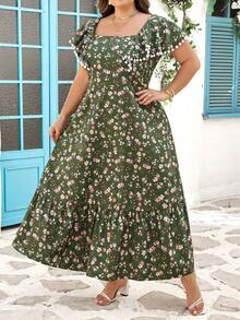 SHEIN CURVE+ Vestido con volantes de manga y estampado floral elegante para mujeres de talla grande, para uso diario - Multicolor - Ver 7