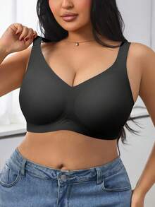 1pc Women Minimalist Comfortable Solid Color Jelly Gel Supportive Non-Removable Cup Wireless Plus Size Bra - Black - View 8