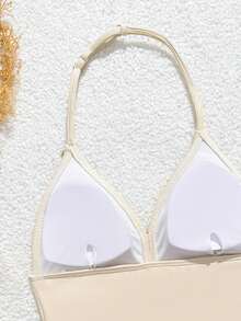 SHEIN 少女比基尼套装，针织面料，舒适浅米色罗纹吊带背心式比基尼套装，配有可调节肩带，贝壳和海星装饰三角泳裤，适合夏季度假、海滩、游泳池、假日派对。贝壳两件套泳衣，简约比基尼套装，米色泳装。贝壳两件套泳衣，女士泳装。贝壳两件套泳衣，挂脖式比基尼，贝壳装饰泳衣，罗纹高腰比基尼，女士两件套泳装，沙滩装。 - 白色 - 查看 3