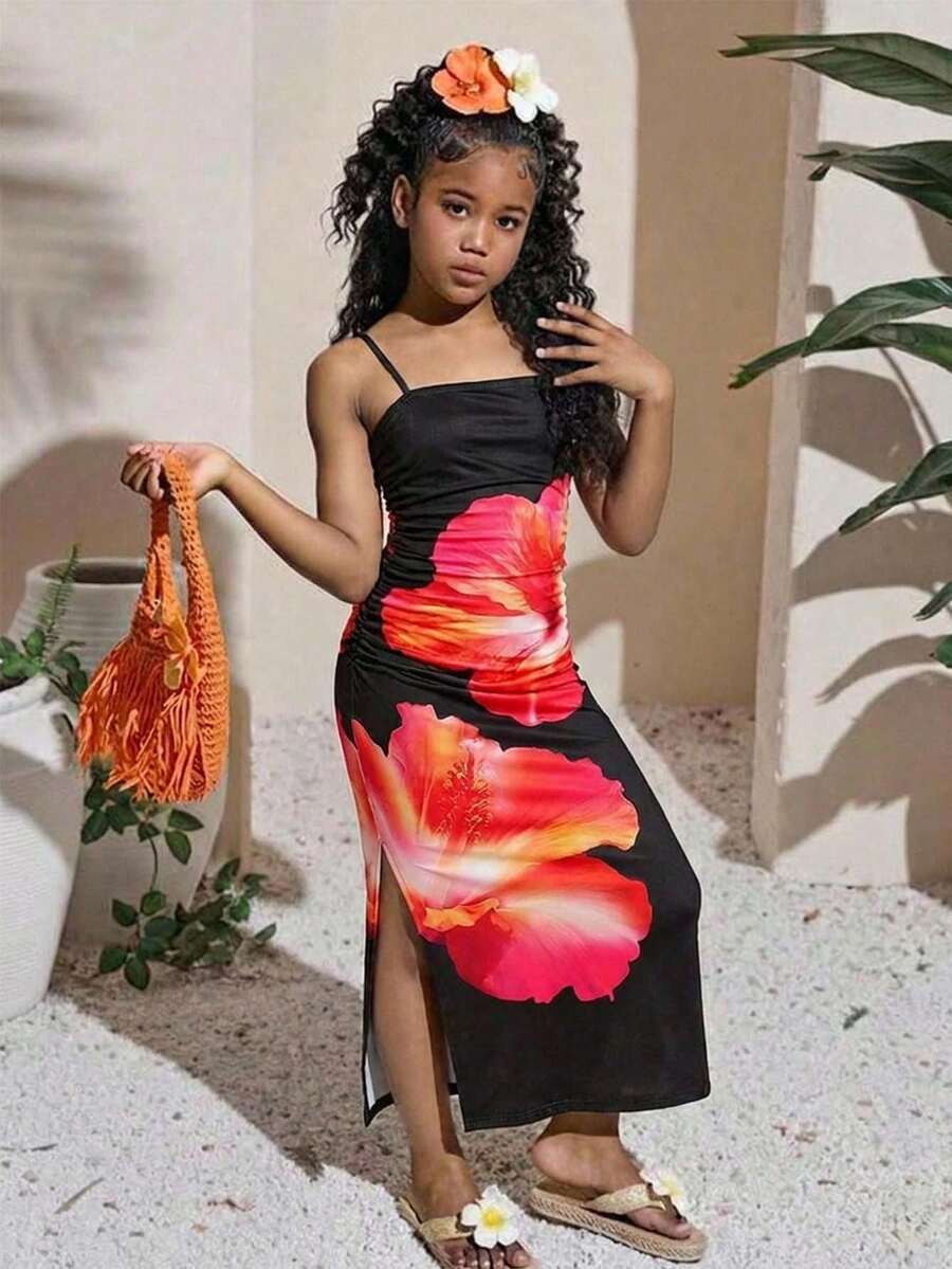 少女休闲度假热带花卉印花修身吊带裙 - 黑色 - 查看 1