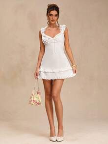 SHEIN BAE Pure White Backless Tie-Up Ruffle Hem Mini Dress, Lightweight Fitted White Dress, Women's Spring/Summer, Back To School, Graduation Season, Pure White, Wedding Guest Attire, Minimalist Elegant Sexy Dress, Graceful Dress, Wedding Guest Outfit, Vacation & Date Tea Party Dress For Women,Summer Dresses For Women - White - View 1