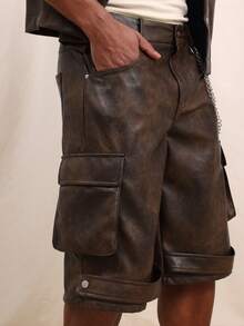SUMWON 男士仿皮工装短裤，饰有链条细节，多口袋卷边设计，都市街头风夏季休闲下装 - 棕色 - 查看 6