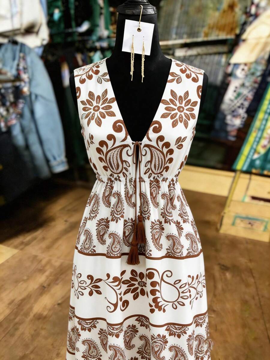 Breezaya Women's White And Brown Paisley Printed Maxi Dress,Boho Sleeveless V-Neck Fringe Rope A-Line Summer Vacation Holiday Dress,Vintage Elegant Beach Gown - Multicolor - View 1
