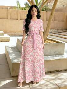 Modelyn 水彩碎花长裙，女士时尚圆领短泡泡袖设计，配腰带，优雅夏季连衣裙，适合度假和日常穿着 - 彩色 - 查看 4