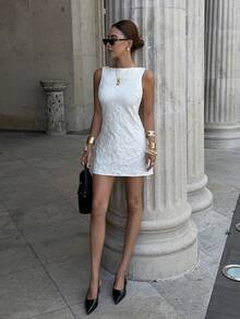 Siren Gaze Đầm ngắn dự tiệc/hẹn hò thời trang bằng vải jacquard dành cho nữ. - Màu be - Xem 6