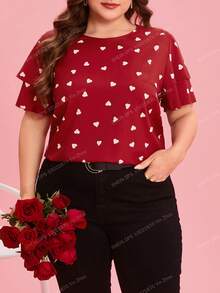Enliva 曲线加大码女式心形印花圆领荷叶边袖休闲衬衫，情人节，女士度假装，情人节服装，心形，情侣，女士外出上衣，商务休闲女装，夏季，可爱衬衫，办公室 - 紅色 - 查看 4