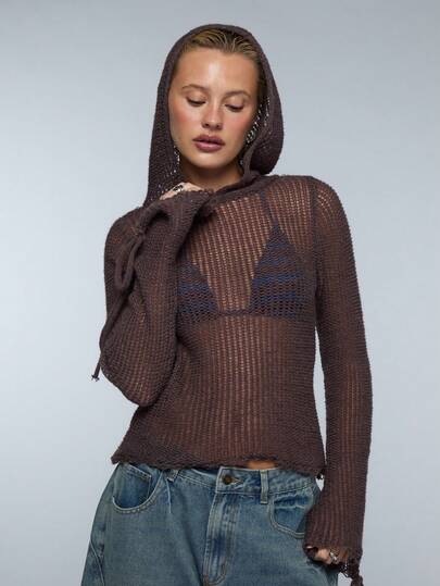 COUREZ Open Knit Hooded Long Sleeve Top /Y2K Summer Outfits For Women Spring Outfits For Women Summer Clothes Vacation Outfits Summer Tops Vacation Outfits Women Beach Outfits For Women Beach Outfits Beach Cover Up