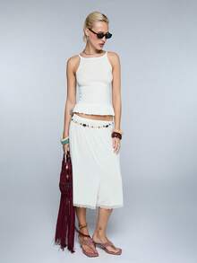COUREZ Off-White Jersey Cami Top With Frill Hem,Summer Effortless Chic Everyday Y2K Vacation Outfits For Women,Spring Cute Tops - White - View 2