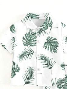 SHEIN Conjunto de camisa de manga curta e shorts para menino, estilo casual minimalista de férias, com estampa de plantas tropicais em tons de verde, perfeito para praia e oceano, com um toque retrô americano. Confortável e estiloso. - Multicolorido - Ver 4