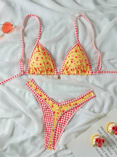 Swim Mod 2pcs/Set Random Floral Print Gold Disc Decor Halter Triangle Bra And High Cut Thong Sexy Bikini Swimsuit Set, Spring/Summer