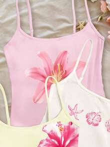休闲度假热带花卉图案，包括芙蓉花、鸡蛋花、海星和珍珠贝壳，沙滩主题，少女修身休闲运动吊带三件套，白色、浅粉色、米色可选，适合春夏日常穿着、叠穿、外出和度假。 - 彩色 - 查看 3