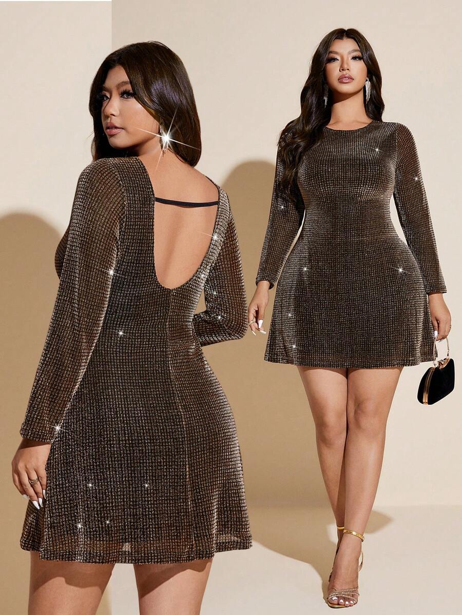 Viva Relle Women's Plus Size Brown Knitted Fabric Round Neck Long Sleeve Mini Party Night Out Club Night Out Club Bling Dress Autumn - Gold - View 1