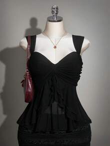 SHEIN ICON 大码女式纯色扭结前襟背心 - 黑色 - 查看 1