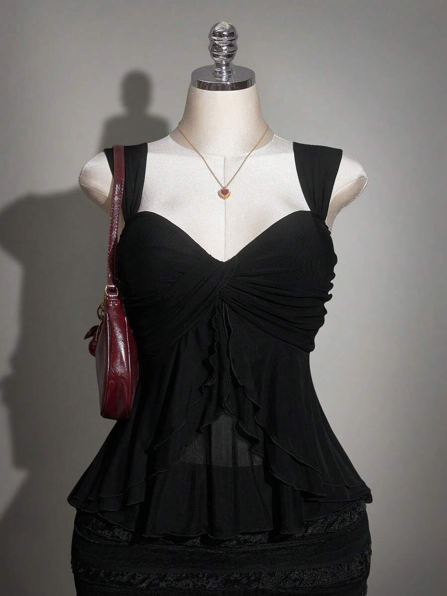 SHEIN ICON 大码女式纯色扭结前襟背心 - 黑色 - 查看 1
