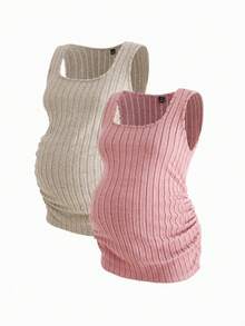 Modmama 2-Piece Set Maternity Tops For Women,Cerise Pink Ribbed Knitted Tank Tops,High Elasticity Square Neck Sleeveless Vest,Casual Everyday Autumn Clothes - Multicolor - View 11