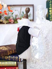 PETSIN 1pc Pet Tailcoat Vest, Cat And Dog Wear Universal Clothes, Red Tie With Traction D-Buckle Striped Suit Dress - Black and White - View 10