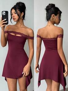 Aloruh Women's Elegant Off Shoulder Lace Patchwork Burgundy Mini Dress,Summer 70's Club Night Party Disco Asymmetrical Hem Night Out Honeymoon Outfit - Burgundy - View 8