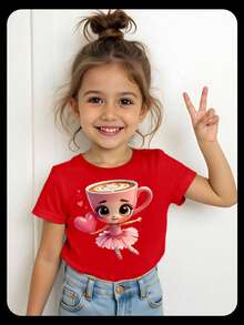 SHEIN GraphicGems 少女舒适秋冬休闲时尚创意个性清新可爱卡哇伊杯芭蕾舞女孩心形图案印花休闲基础款舒适T恤，适合秋冬季节穿着，图案T恤，可爱女孩衬衫，印花T恤 - 紅色 - 查看 8