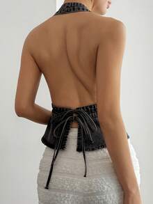 Livesso Áo croptop nữ dáng rộng, thắt eo, hở lưng, dây mảnh, phong cách đường phố, mùa xuân/hè. - màu đen - Xem 4