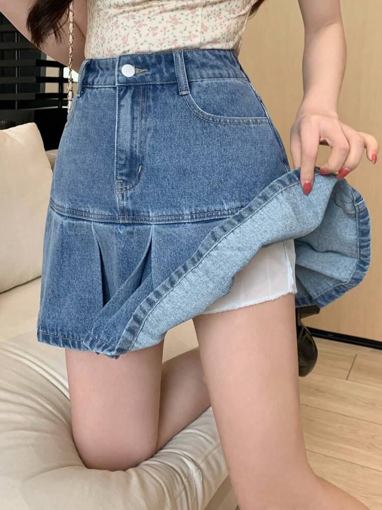Women's Casual Pleated Denim Mini Skirt, Streetwear Style, Suitable For Summer And Spring