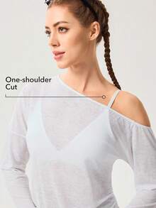 OutZeal 女士运动白色T恤 日常休闲柔软弹力单肩不对称长袖运动上衣 - 白色 - 查看 3
