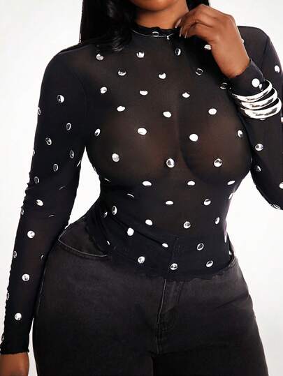Radiana Blusa de manga larga con decoración de lentejuelas metálicas y tela de malla transparente, de estilo minimalista y glamoroso, adecuada para uso diario y tiempo libre, en tallas grandes para mujeres