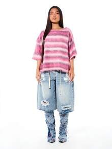 SUMWON WOMEN Women's Tie Dye Striped Knit Sweater With Three Quarter Sleeves And Crew Neck Design Cozy Winter Fall Pullover - Pink - View 5