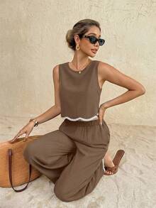 SHEIN Frenchy Bộ đồ nữ đi nghỉ mát thường ngày, gồm áo hai dây và quần dài phối màu tương phản. - Màu Khaki - Xem 5