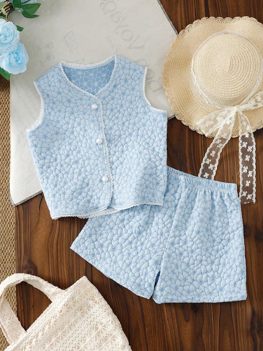 Conjunto de chaleco y pantalones cortos de jacquard para niña - Azul - Ver 1