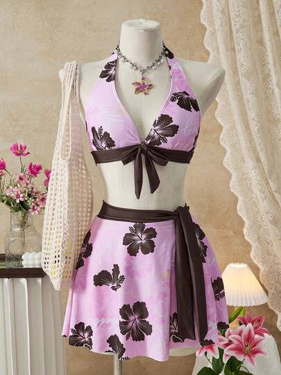 Bellisia 2026SS New Women's Swimwear Arrival For Holiday, Date, Western, Cruise, Beach, Island, Road Trip, All Seasons, Music Festival, Boho Vacation,Bohemian Vacation, Chill Autumn Boho Y2K Pleated Shorts, Elegant Vintage Casual Pink & Brown Contrast Floral Print Sweet & Cute Retro Elegant 3 PiecesSwimsuit Set, Casual Resort Beach Swimwear For Women