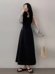 DAZY Women's Casual Mid-Length Solid Color Dress, Korean Style Sundress Summer Petite - Black - View 11