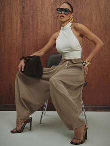 Hauture Women's Balloon Leg Pant With Low Rise Turn Down Waistband - Khaki - View 1