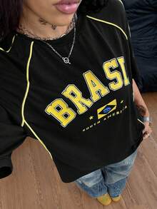 Coolane 女士加大码春夏及男士情侣同款街头风返校季棉质条纹纹理装饰加大码绿色针织T恤 - 黑色 - 查看 4