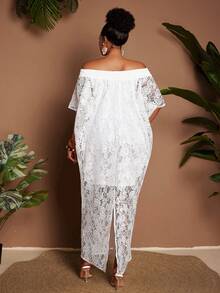 Maweii Plus Size Women's Lace Off-Shoulder Loose Elegant Vacation Party Short Sleeve Dress - White - View 3