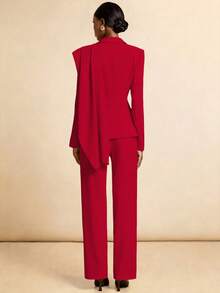 Vesra French Atmosphere Plunging Neckline Design Red Suit Jacket & Pants Set - Red - View 2