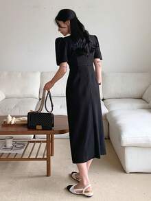 DAZY Đầm midi tay cánh hoa màu trơn thanh lịch dành cho nữ, đầm hè chống nắng cho nữ. - màu đen - Xem 6