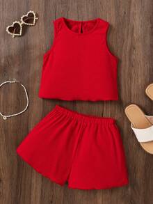 Young Girl Casual Vacation Round Neck Sleeveless Top And Shorts Set - Red - View 2