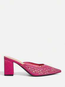 CUCCOO TILAWA Women's Fashionable Party Rhinestone Chunky Heel Pumps - Red - View 2