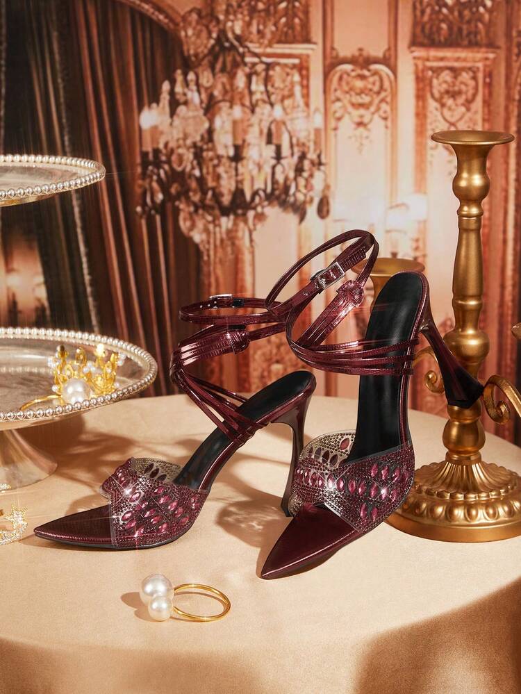 CUCCOO TILAWA Burgundy Rhinestone Decorated Criss-Cross High Heel Sandals, Featuring Mature Elegance And Glamorous Sparkle, Suitable For Fashionable Mature Women Seeking Refined Outfits, Can Be Paired With Dresses Or Pants For Dates, Parties, And Professional Occasions (Fashion-Oriented Workplaces)