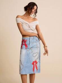 LOTSLUV Women's Spring/Summer Denim Print Diamond Necklace & Bow Print Denim Mini Skirt - Blue - View 4