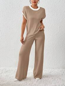 EMERY ROSE Women's Contrast Color Loose Casual Drawstring Knit 2 Pieces Set - Camel - View 7