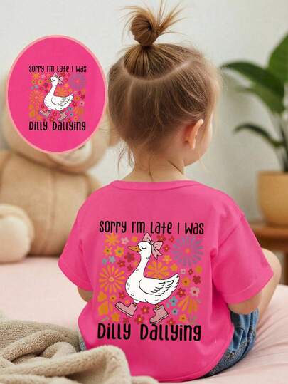 女婴休闲舒适时尚简约百搭创意可爱花卉鹅字母印花短袖T恤，适合夏季穿着