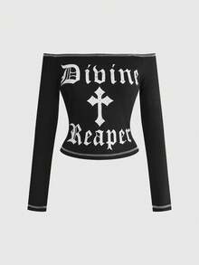 Grunge Punk Sexy Divine Reaper Cross Print Contrast Stitching Black Off-Shoulder T-Shirt - Black - View 1