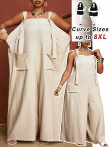 SHEIN CURVE+ 大码女式春夏新款度假系带连体裤，带口袋，纹理面料 - 杏色 - 查看 2