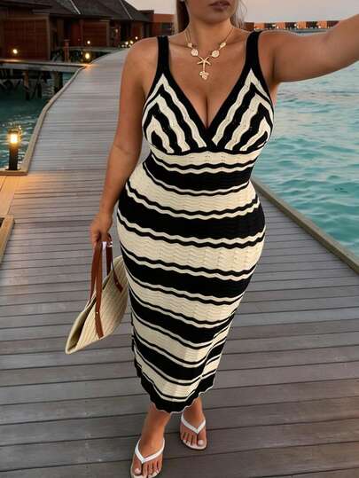 Firerie Plus Size Women Striped Elegant Waist Cinched Party Knit Dress