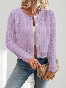EMERY ROSE Women's Round Neck Hollow Front Button Cardigan, Autumn/Winter Knitted Sweater Jacket - Purple - View 3