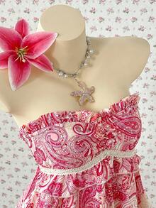 INAWLY Women's Vacation Cashew Pattern Contrast Lace Bandeau Top - Baby Pink - View 4