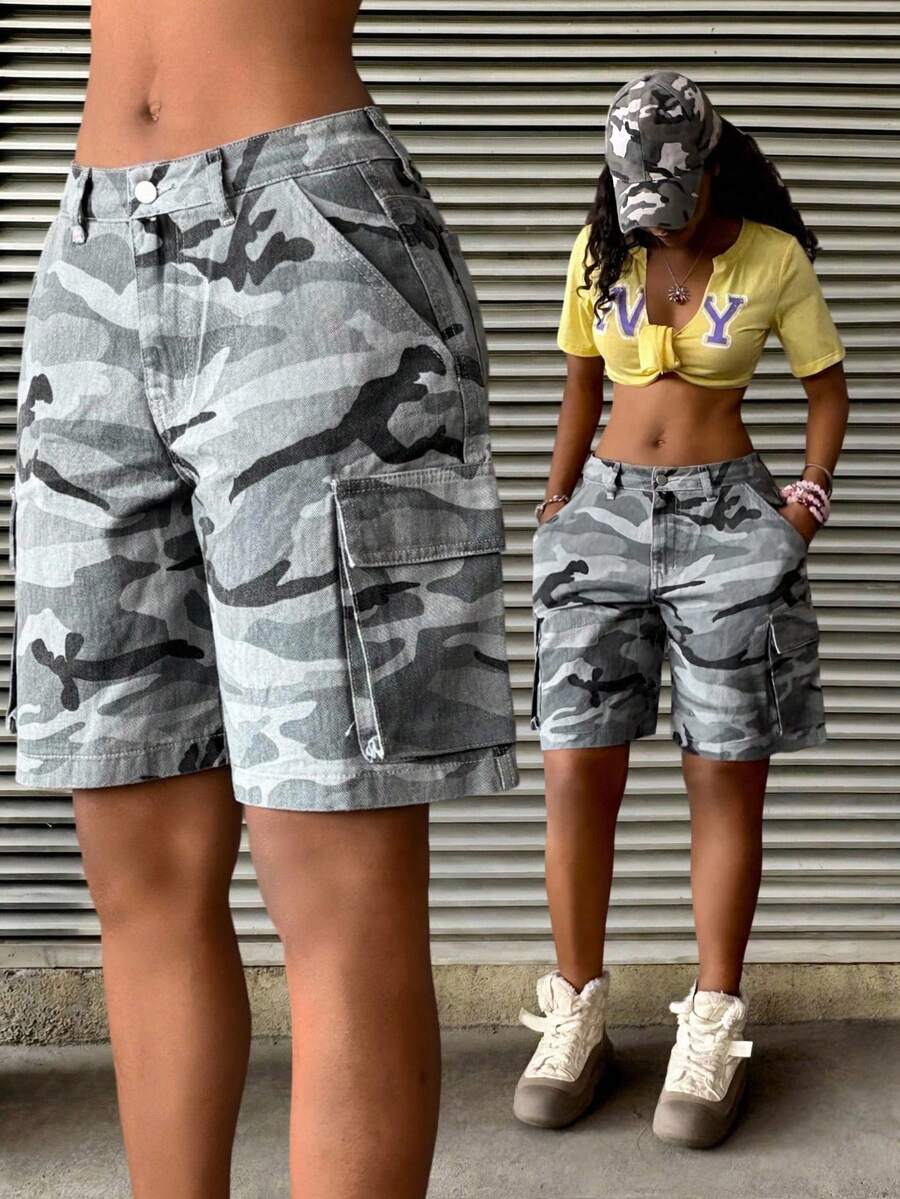 StreetHx Fashionable Casual Sports Street Camo Cargo Denim Capri Pants - Medium Wash - View 1